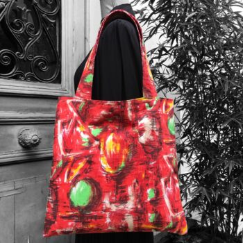 Sac au dessin abstrait rouge, de formes libres. Fourre-tout réversible en tissu vintage revalorisé, accessoire d'inspiration rétro fait main en France.